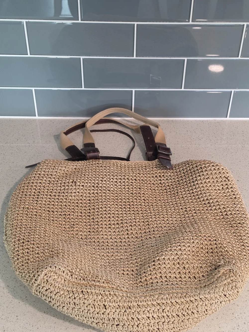 Lauren Ralph Lauren Beige Woven Straw Tote with Brown Trim